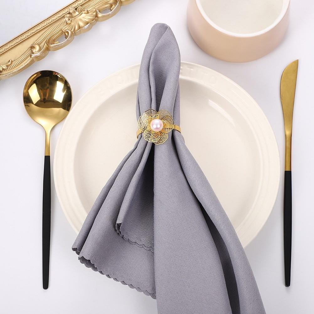 Metal napkin rings with hollow pearl flower design for elegant wedding For Party table decoration set of 6 pieces