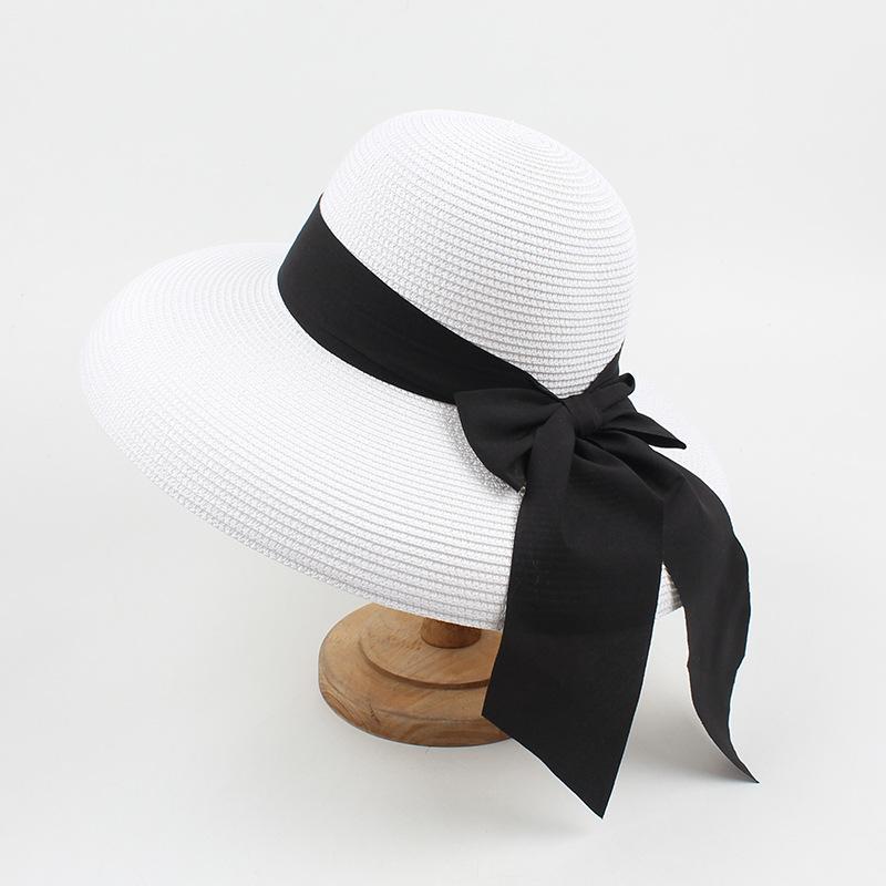 Straw Hat Women's Summer Retro Fashion Bow Sunscreen Visor Seaside Vacation Foldable Big Eaves Hat