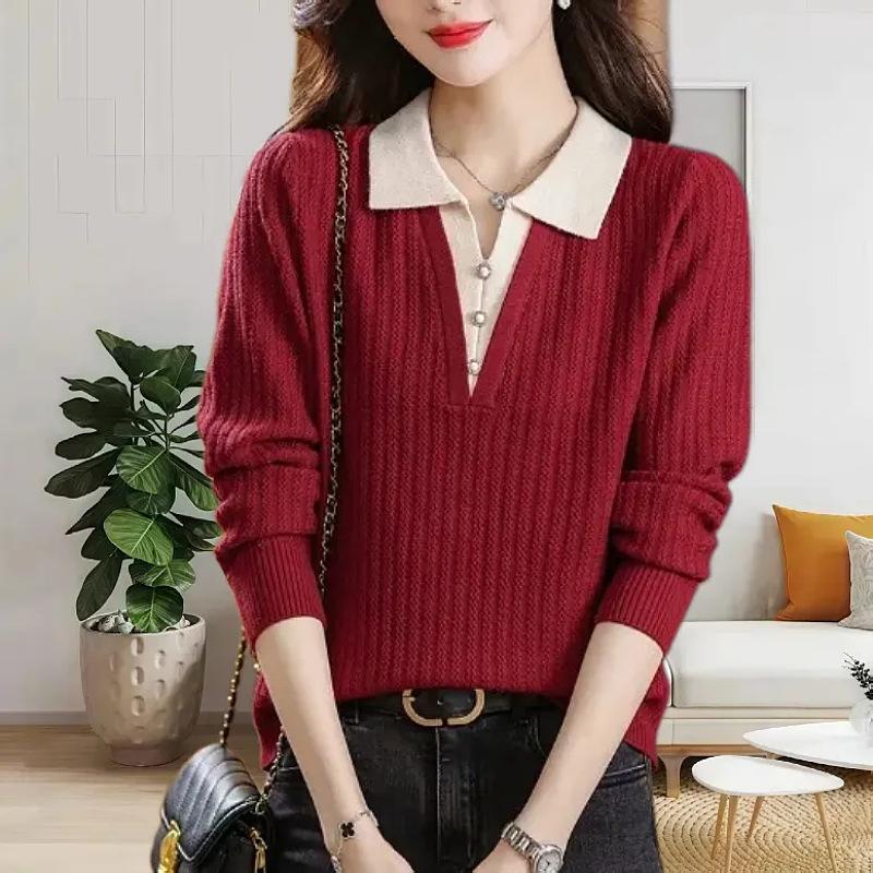 Autumn and winter new lapel splicing outer wear women's sweater fake two-piece cover fashion knitted bottoming shirt