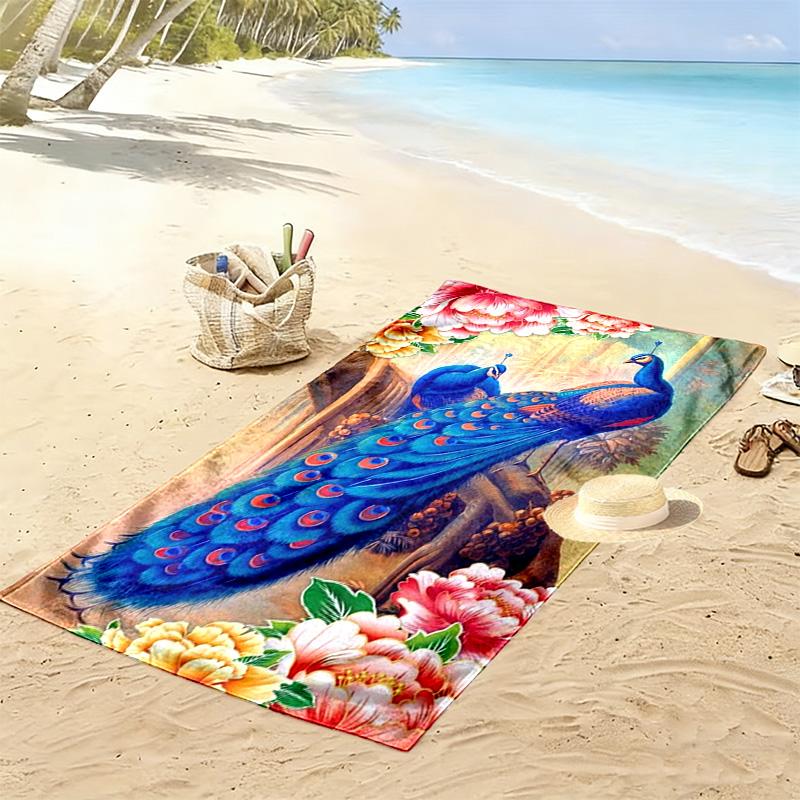 Peacock Oil Painting Print Beach Towel, Large Soft Quick Dry Towel for Beach Camping Swimming