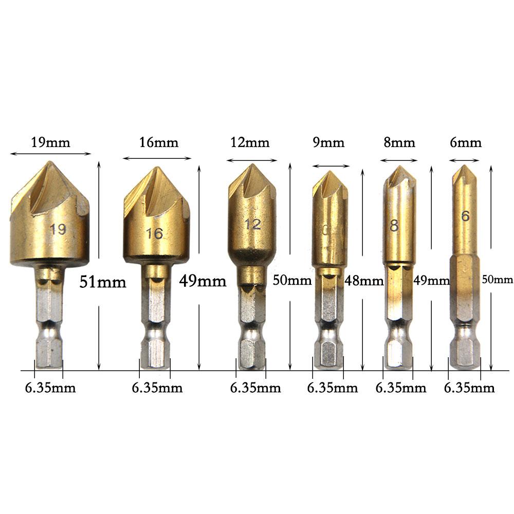 6pcs Countersink Drill Bit Set 1/4'' Hex Shank HSS 5 Flute Countersink 90 Degree Wood Chamfering Cutter Chamfer 6mm-19mm