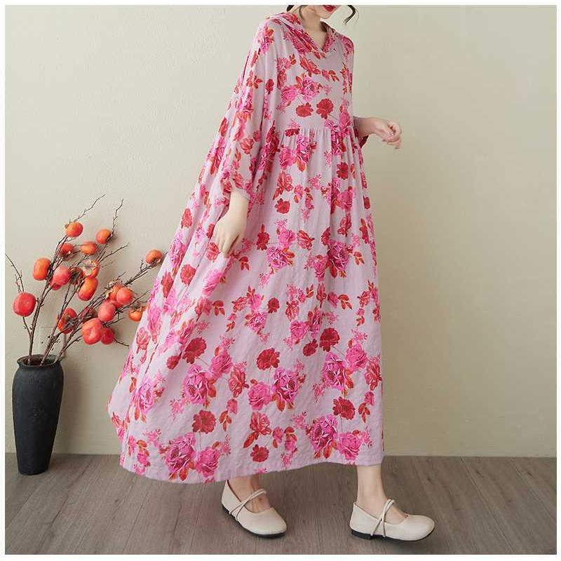 Ladies' Gentle Wind and Cloud Brocade Cotton and Hemp Hooded Printed Dress