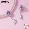 WOSTU 925 Sterling Silver Pink Opal Moon Cat Charm Glow In Dark Pet Paw Pendant Cat's eye safety Chain Fit Original Bracelet DIY