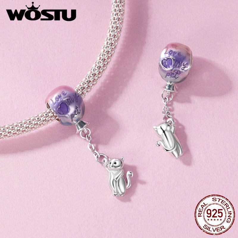 WOSTU 925 Sterling Silver Pink Opal Moon Cat Charm Glow In Dark Pet Paw Pendant Cat's eye safety Chain Fit Original Bracelet DIY