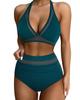 European and American black mesh splicing neck bikini women's high waist to cover their belly and look thin split swimsuit vacation beach swimsuit