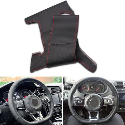 For VW Golf 7 GTI Golf R MK7 Polo Scirocco DIY Hand-sew Steering Wheel Cover Black-red Perforated Leather Car Accessories