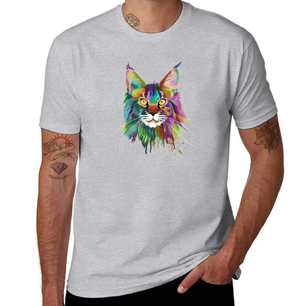 Splash Maine coon Cat TShirt vintage sweat korean fashion summer top workout shirts for men 2025 new model