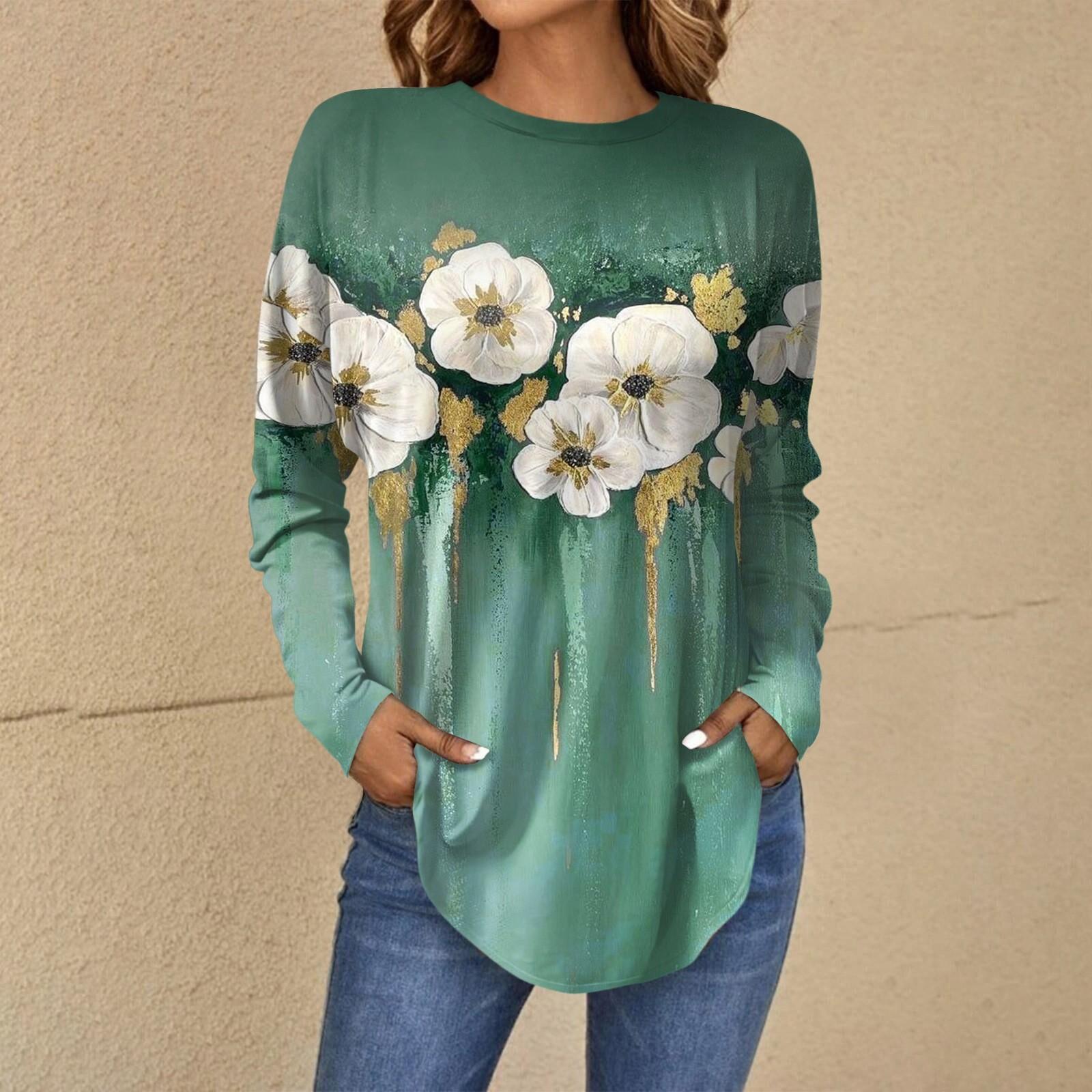 

Женская модная свободная футболка с круглым вырезом и длинным рукавом с принтом, топ-пуловер M зелёный