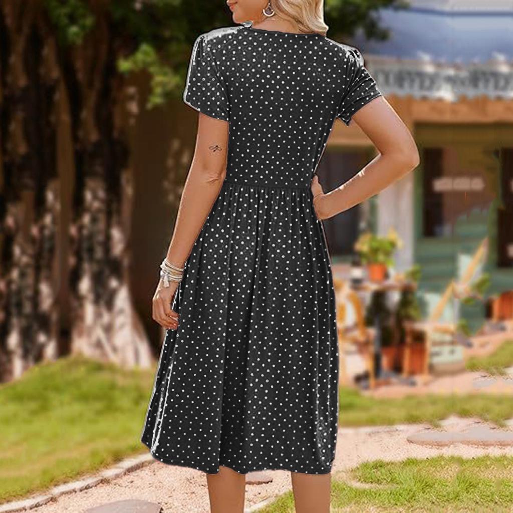 Women's Fashion Spring And Summer Dress Casual Short Sleeve Round Neck Petal Long Printed Dress