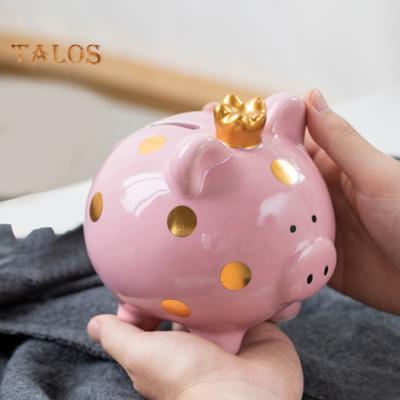 Ceramic Crown Pig Piggy Bank Golden Dot Cartoon Pig Coin Money Bank Home Office Bookshelf Desktop Decoration Ornament Kids Adults Gift