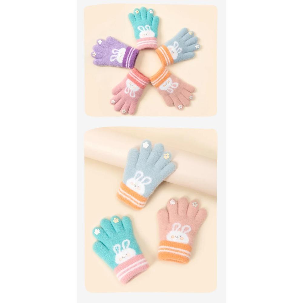5 Colors Winter Kindergarden Kids Five-Finger Cartoon Knitted Gloves Girls Warm Thickened Plush Gloves Cute Bunny Gloves 3-5Y