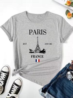 T-shirt Imprimé Tour Eiffel Paris, Haut Décontracté à Manches Courtes et Col Rond Pour le Printemps et l'Été, Vêtements Femme