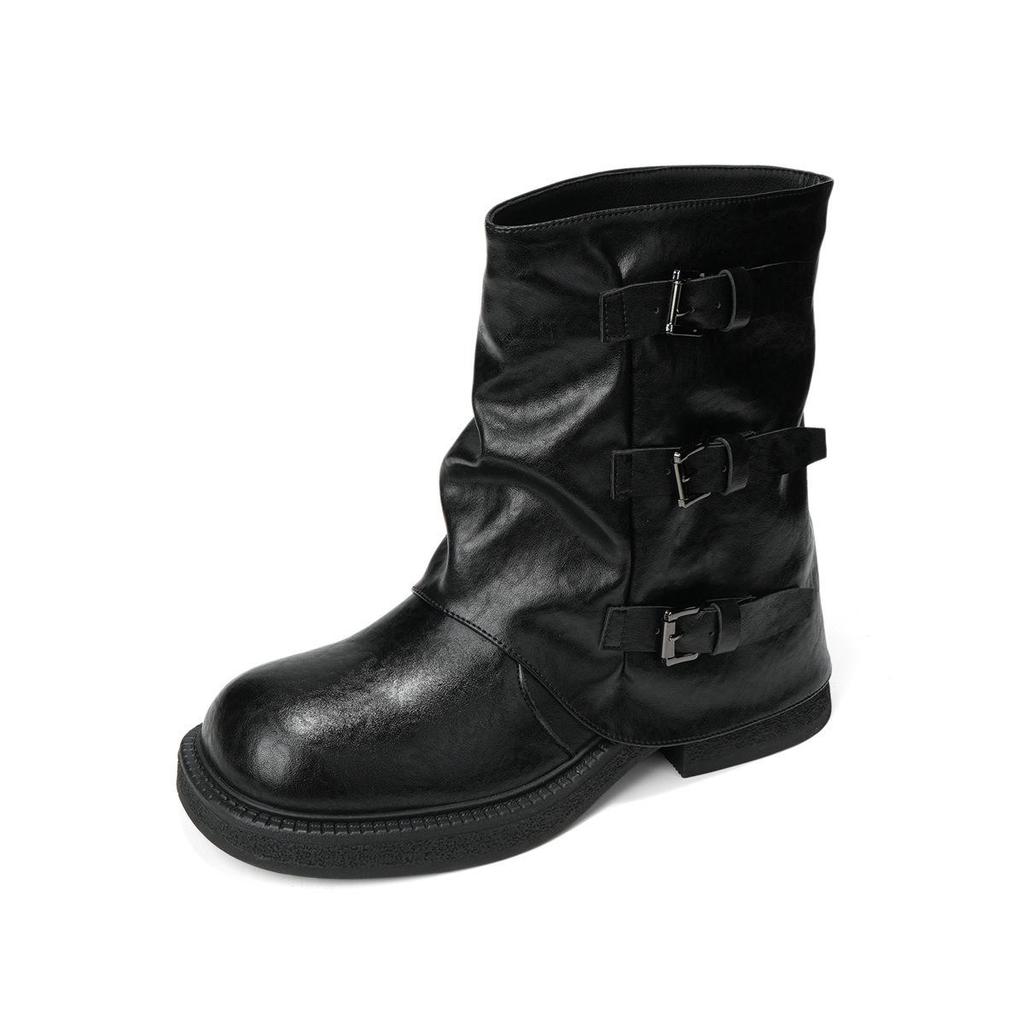 Women's Short Boots - 2025 Autumn/Winter Style: Buckle, Ruched, Thick Sole, Round Toe, Retro, Versatile, Stacked Design.