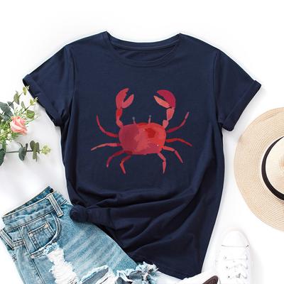 Fashion Women's Clothing Cute Crab Print Loose Crew Neck Short Sleeves T-Shirts Women’s