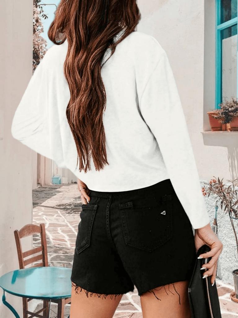Women's Drop Shoulder Long Sleeve Crop Top Crew Neck Loose Casual Tee