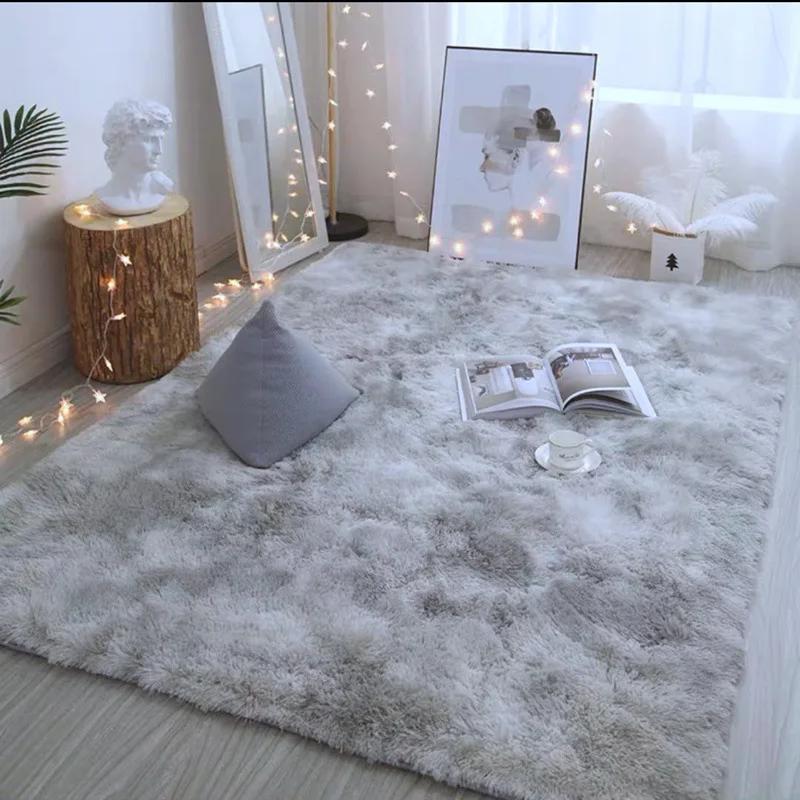 Gradient Tie-dye Carpet Living Room Bedroom Long Hair Washable Cute Net Red Bedside Soft Plush Carpet Mat Anti-slip Floor Mats