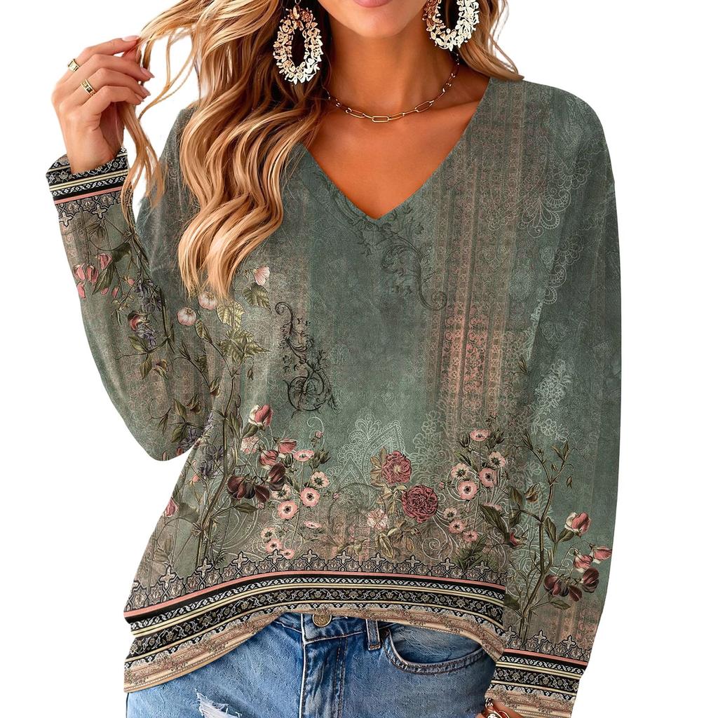 Women's V-Neck Long Sleeve Print Blouse Lightweight for Spring Summer