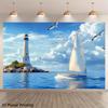 2D Ocean Lighthouse Backdrop, Sailing Boat & Seagull Photography Background for Party