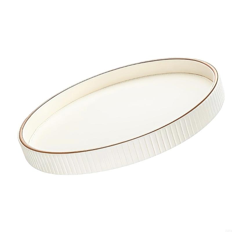 Elegant Round Leather Jewelry Display Tray For Home Decor With Gold Trim And Raised Edges Preventing Item Slips