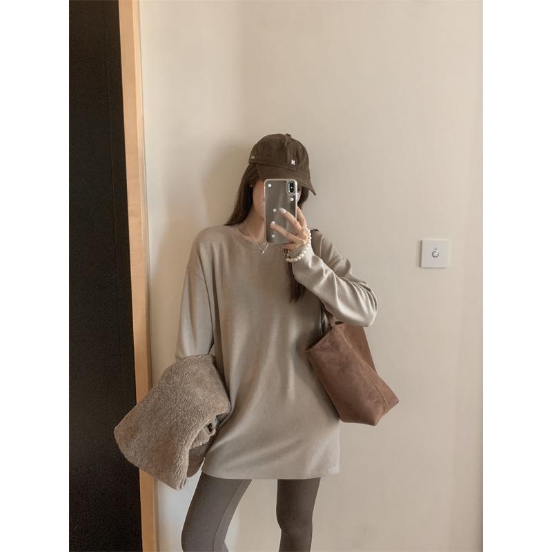 

Осенне-зимняя утолщенная трикотажная футболка с длинными рукавами, женская, новая, с круглым вырезом, ленивый стиль, внутренняя часть средней длины XL