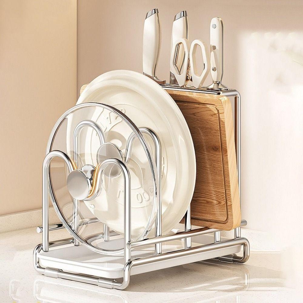 Multi-layer Pot Lid Rack Rustproof Stainless Steel Chopping Board Organizer with Drainage Tray Space Saving Pot Cover Shelf