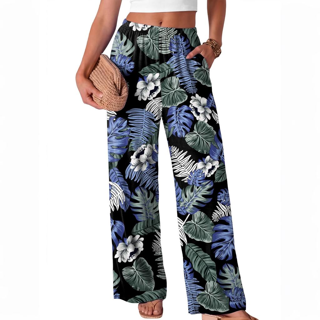 Women Loose Fit Wide Leg Trousers Casual High Waist Elastic Waistband Printed Long Pants for Everyday Wear
