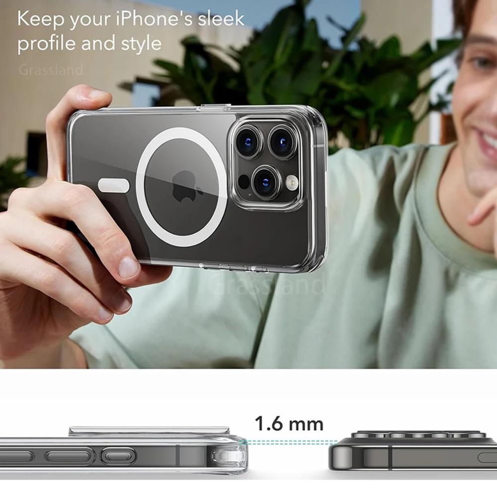 Luxury Magnetic Wireless Charging Phone Case For iPhone 16 15 14 13 12 11 Pro Max Plus For Magsafe Transparent Back Cover