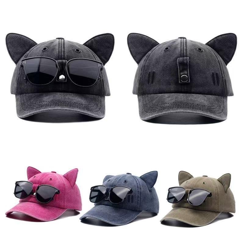 New Cat Ears Sunglasses Baseball Cap Y2K Cotton Washed Pilot Snapback Caps Gorras Women And Men Outdoor Sunshade Sun Hats Unisex