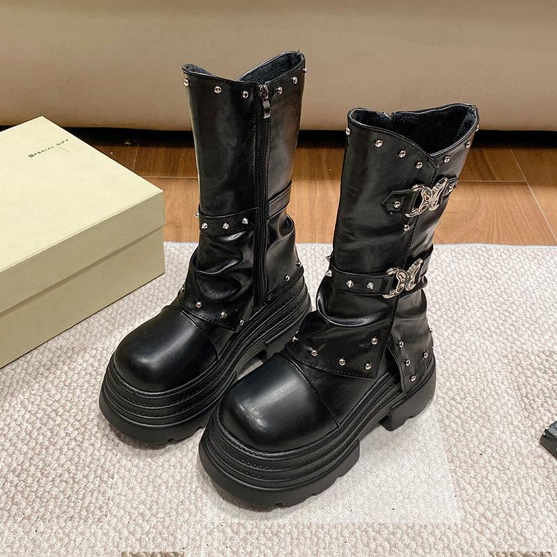 Plateau-Schuhe Runde Zehenpartie Dicke Sohle Umgeschlagener Schaft Schlabberig Gürtelschnalle Stiefel Klobiger Hoher Absatz Mid-Calf Stiefel Damenschuhe