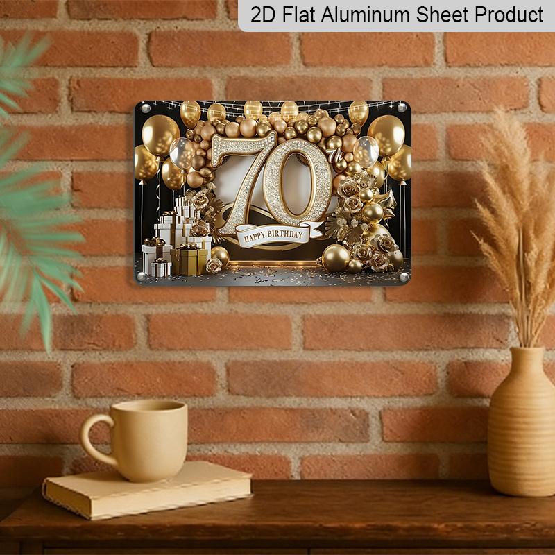 2D Flat, 1pc "70th Happy Birthday" Gold Balloon Aluminium Plaque Sign 12x8 Inch - Black & Gold 70th Birthday Design, Metal Wall Decor for 70th