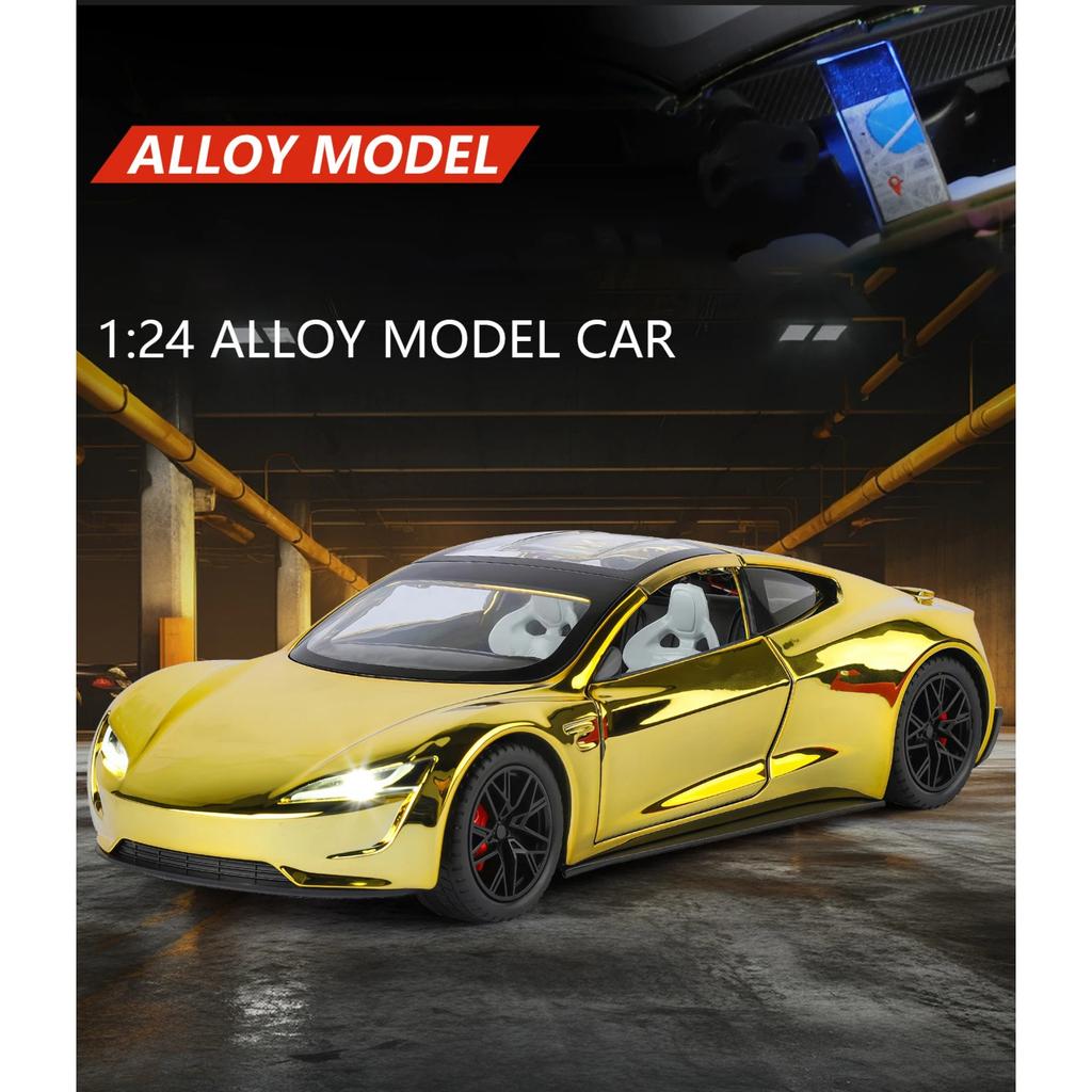 1/24 Tesla Roadster Alloy Electric Sports Car Model Diecasts Metal New Energy Vehicles Car Model Sound Light Simulation Kids Toys Gift