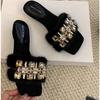 New Style Shoes for Women Summer Outdoor Peep Toe Modern Slippers Solid Rhinestone Square Heel Advanced Sense Women's Slippers