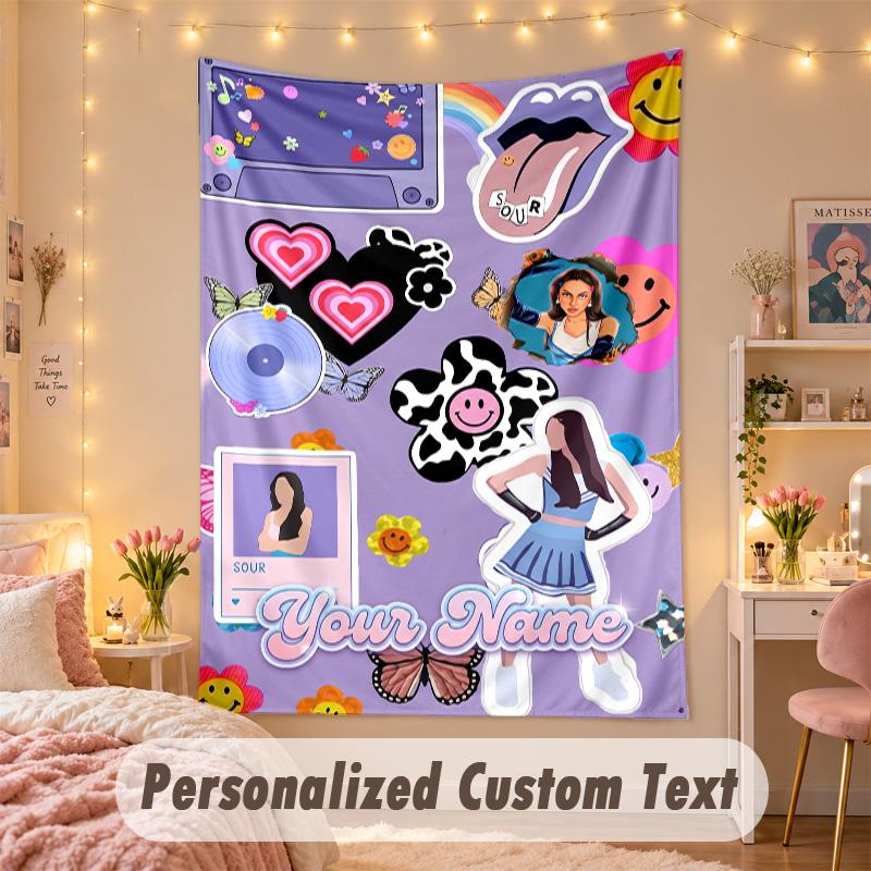 Benutzerdefinierter personalisierter Wandteppich, Olivia Rodrigo Druck Benutzerdefinierter Text mit Namen Wandkunst zum Aufhängen für das Schlafzimmer