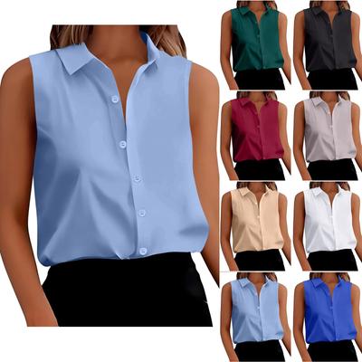 Women's Fashionable Summer  Color Collar Shirt Button Sleeveless Loose Shirt Top