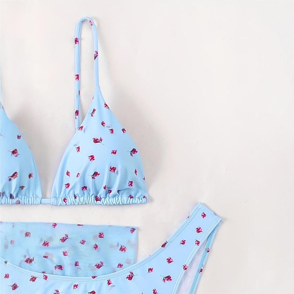 European & American Floral Bikini Set with Tie-Up Skirt - Women's Candy Color Print, 3-Piece Swimsuit