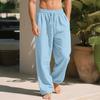 Mens Linen Wide Legs Pants Summer Solid Color Loose Casual Pants Breathable Drawstring Elastic Waist Straight Trousers with Pockets