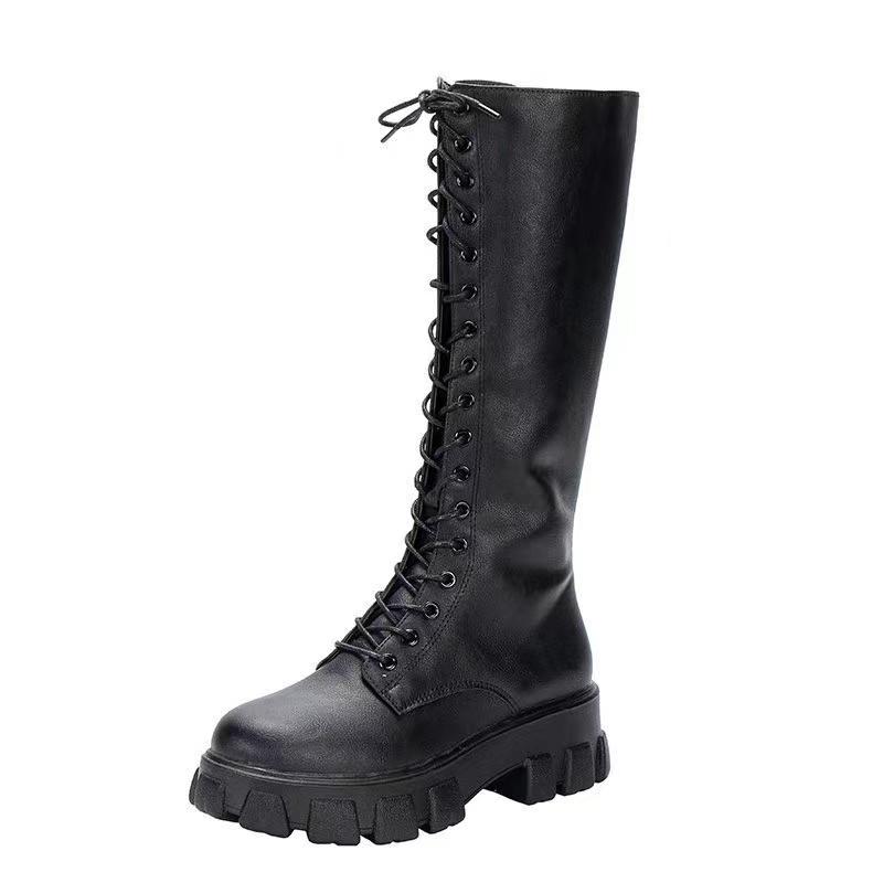 Mode 2024 Neue Winter Damen Schnürung Reißverschluss Einfarbig Dicke Sohle High-Top Alleskönner Stiefel