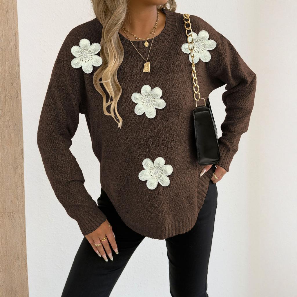 Women's T-Shirt Vintage Floral Print Round Neck Loose Long Sleeve Mid-Length Thumb Leak Top