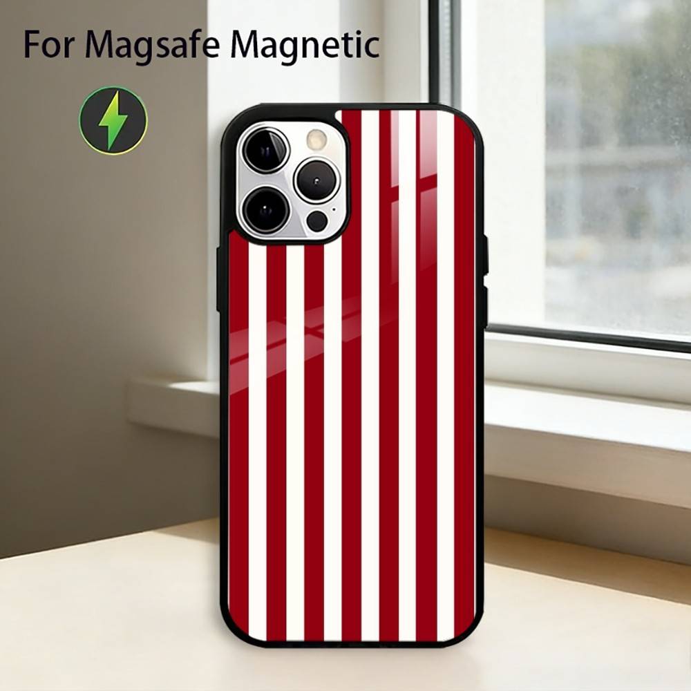 Burgundy White S-Stripe Phone Case For iPhone17,16,15,14,13,12,11 Plus,Pro Magnetic For Magsafe Wireless Charging