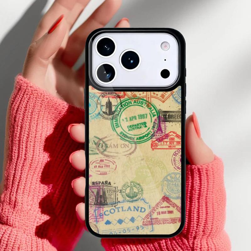 Retro Post Card Passport Stamps Phone Case for iPhone 17 Air 16e 15 14 13 Pro Max Back Cover for 12 11 Pro Coque