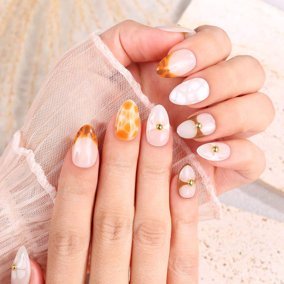 Handmade Almond Floral Reusable Nail Art Tips - Pure Desire Collection M