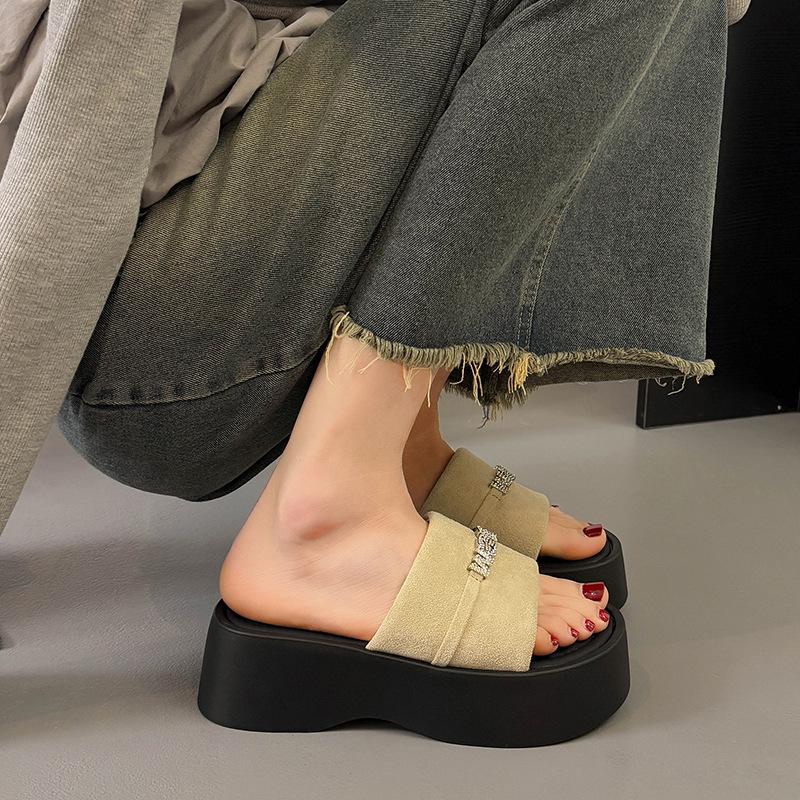 Thick-soled heightening cool slippers for women's wear new summer fashion with skirt one-word drag casual beach sandals