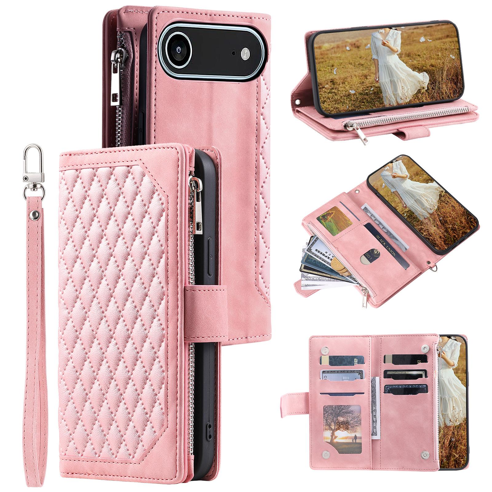 For iPhone Air Wallet Case Rhombus Stitching Line PU Leather Phone Cover with Wrist Strap A