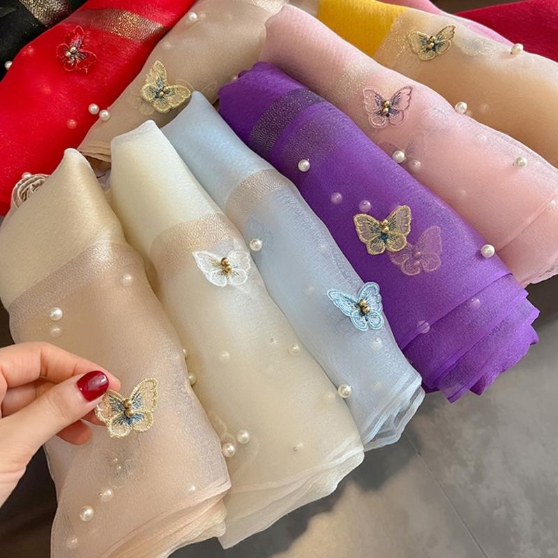 Elegant Embroidered Butterfly Silk Scarf For Women Lightweight Polyester Hijab Shawl Wrap Stole Accessory Gift