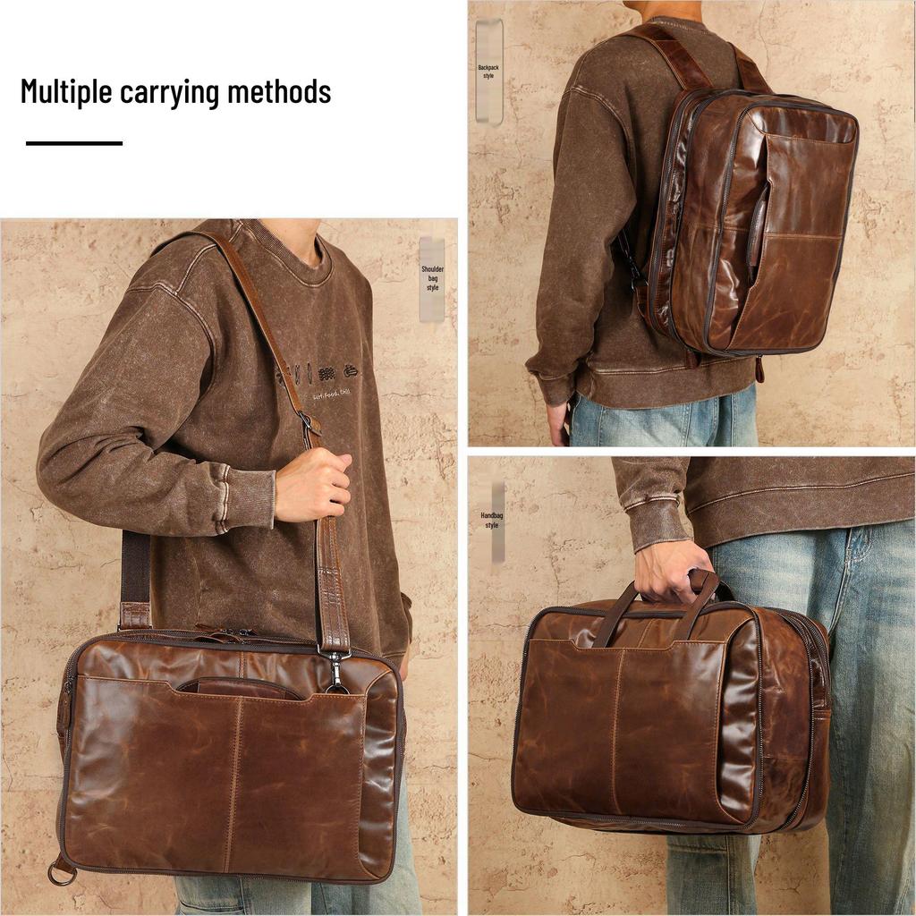 Genuine Leather Multifunctional Travel Bag: Expandable Outdoor Casual Backpack Briefcase