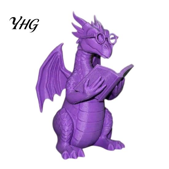 Dragon Bookend Decor Reading Figurine with Glasses, Statue, 3D Printed Statue Bookshelf Decor, Whimsical Desktop Ornament, Gift for Book Lovers