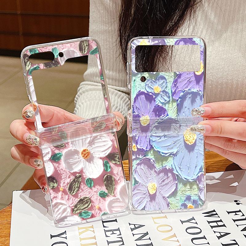 Oil Painting Flower Phone Case For Samsung Galaxy Z Flip6 Flip5 Flip4 Flip3 5G Hard PC Clear Folding Cover For Samsung Z Flip 6