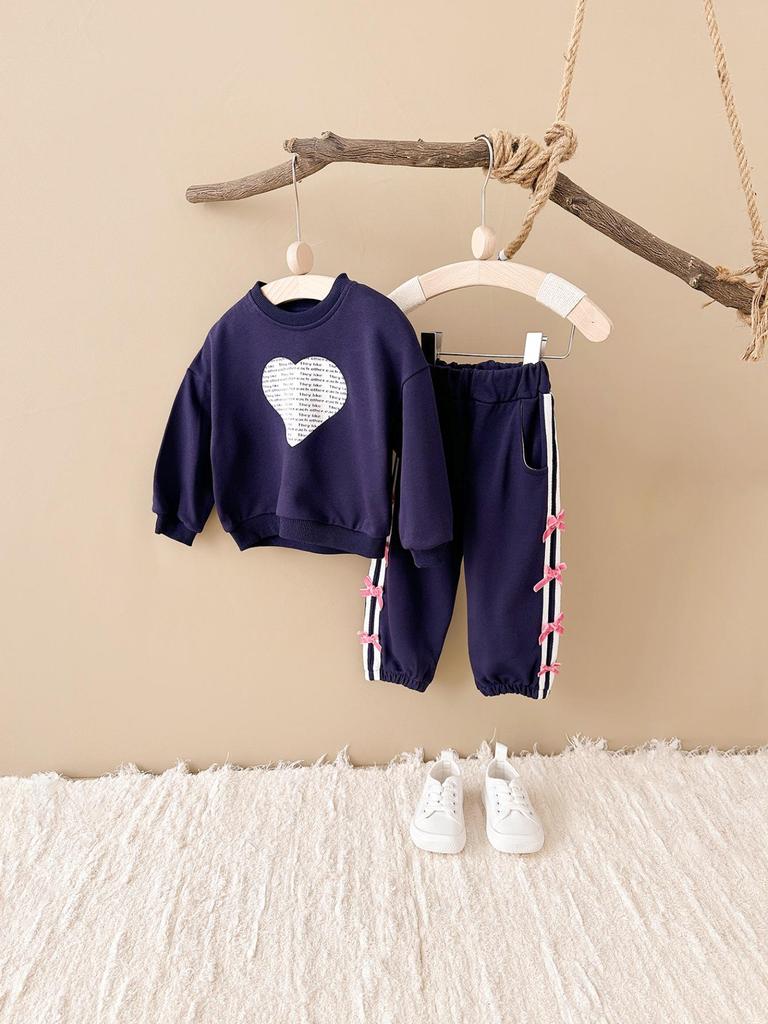 Children's Wear 2026 Spring/Autumn Heart Print Top & Bowknot Pants Girls' Set
