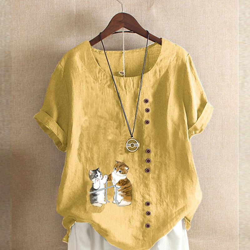 Women's Fashion Round Neck Short Sleeve T-shirt Casual Cotton Linen Graphic Shirt Leisure Loose Tailored Cat Prined Summer Blouse Tops