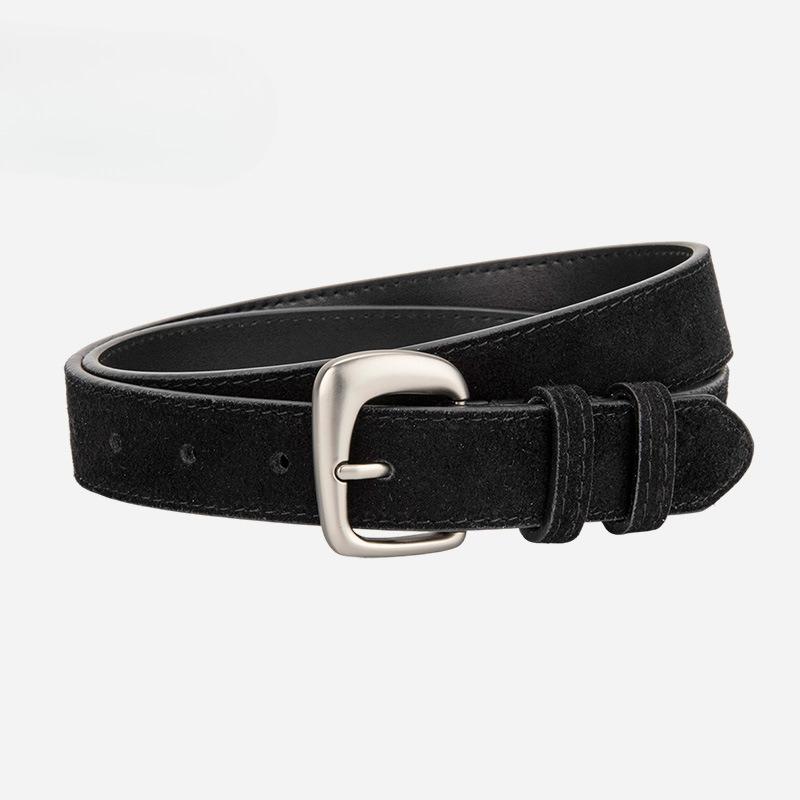 Design Niche Frosted Sued Belt for Women Silver Irregular Pin Buckle Decorative Jeans Waist Belt for Women